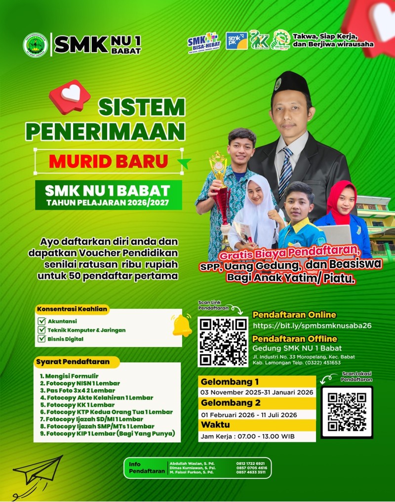 Penerimaan Murid Baru (SPMB) SMK NU 1 Babat Tahun Pelajaran 2026/2027